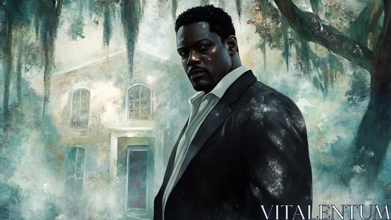 Digital painting portrait in misted Southern gothic setting.