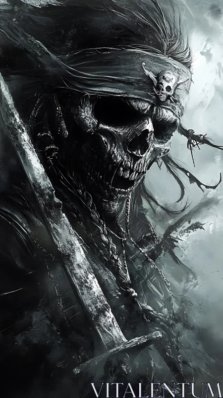 Skeletal pirate warrior with sword in stormy grayscale scene.