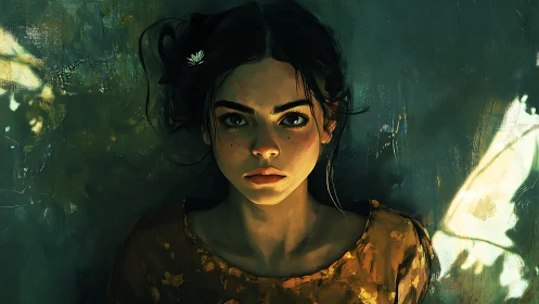 Digital portrait girl under dappled light, vivid gaze.