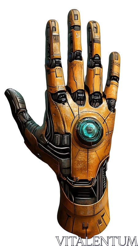 Mechanical orange cybernetic hand displays illuminated core