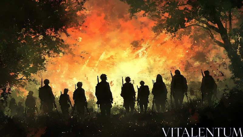 Silhouetted soldiers in forest against intense firelight sky.