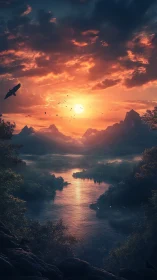 Sunset illuminates river valley between distant mountain peaks