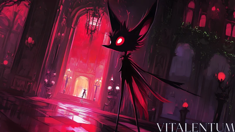 Elongated shadow creature in red lit gothic hall interior.