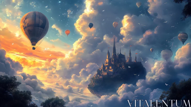 Floating citadel amid radiant clouds and hot air balloons.