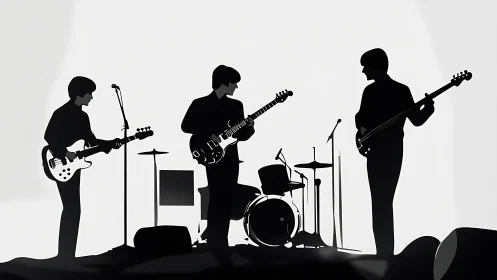 Shadow band in monochrome glow, guitars humming silently.