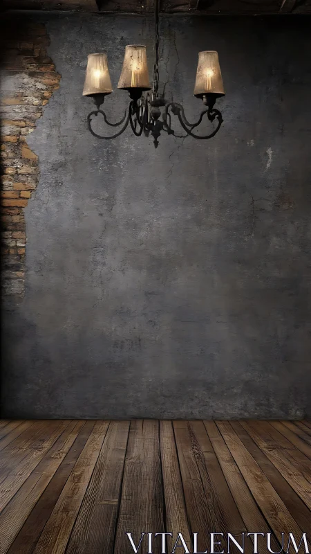 Worn chandelier in rustic room with cracked concrete wall.