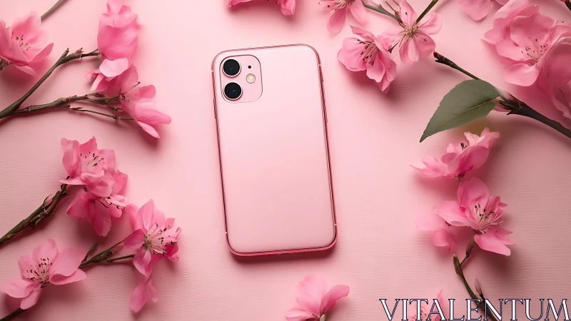 Pink iPhone with Dual Camera System Surrounded by Blooming Floral Arrangements