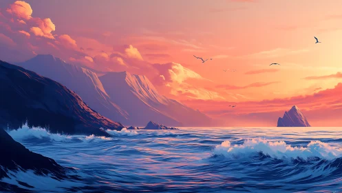 Sunlit coastal cliffs and dynamic waves under pastel sky