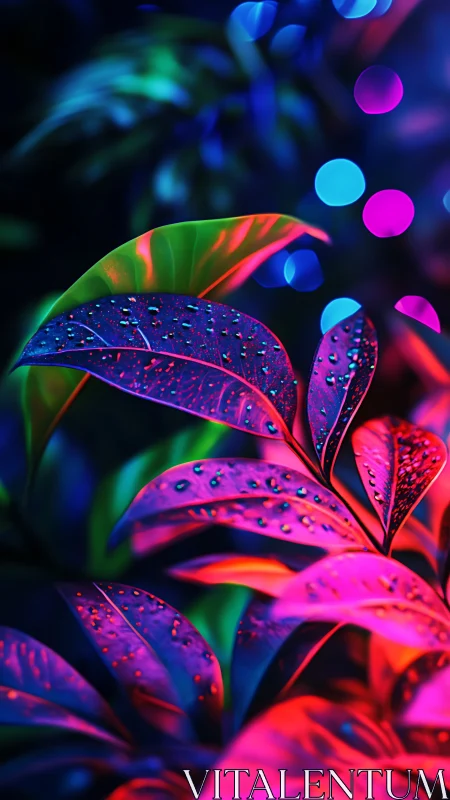 Neon macro foliage with raindrops under bokeh rim lighting