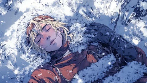 Figure lying in winter snow wearing fur lined red clothing.