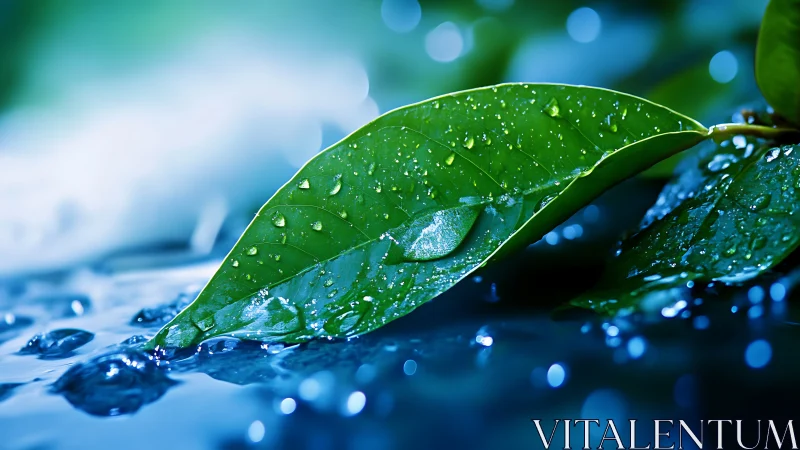 Closeup of green leaf with water droplets on blue surface.