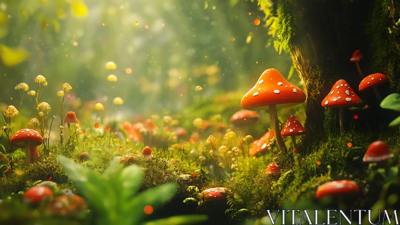 Digital painting of luminous forest toadstools in soft bokeh light.