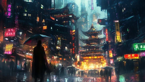 Neon drenched cyberpunk alley with pagoda core and rainfall