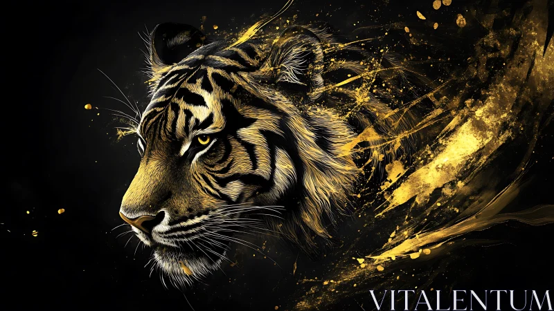 Golden fractal tiger portrait merges realism with dynamic splatter