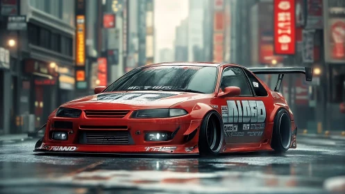 Rain-slicked street racer prowls neon city canyons at dusk.