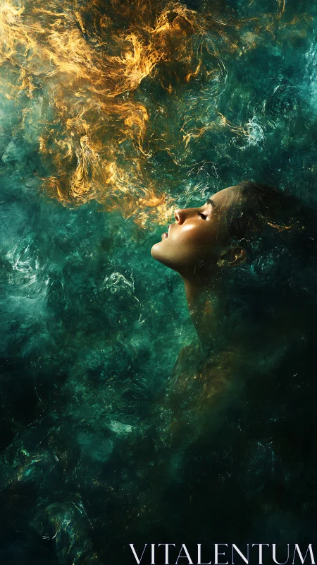 Woman exhales liquid fire into swirling emerald darkness.