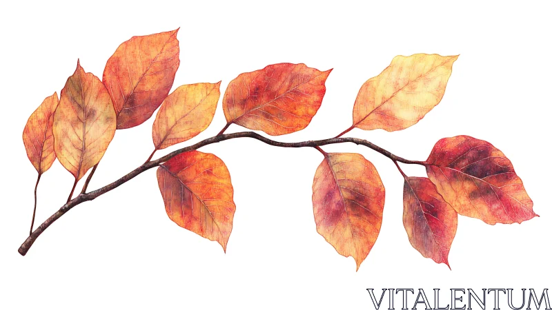 Autumn Branch with Orange Leaves in Realistic Watercolor Style.