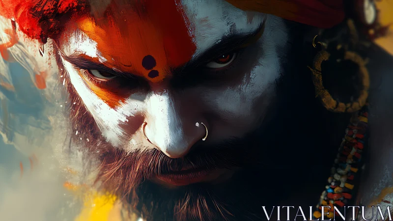 Warrior mystic glare under vivid sacred face paint.