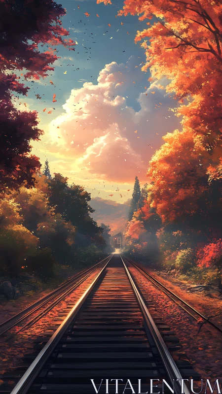Autumn rail corridor under volumetric sunset cloudfield perspective.