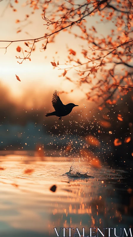 Silhouette bird lifts from river surface under warm sunset light