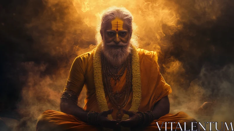 Golden sadhu meditates in swirling sacred smoke glow.
