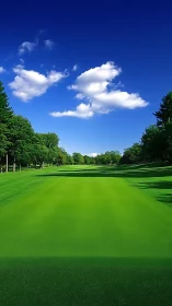 Sunny golf fairway under clear blue afternoon sky.