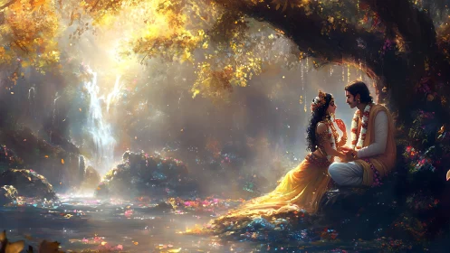 Golden forest sanctuary with lovers beside luminous stream.