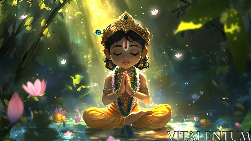 Child deity sits meditating in lotus pose amid glowing forest