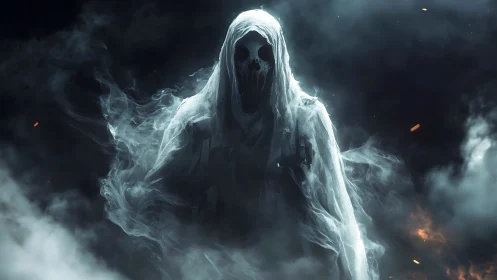 Ghostly wraith emerges from swirling smoke and embers