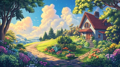 Cottage garden path under bright clouds and summer light.