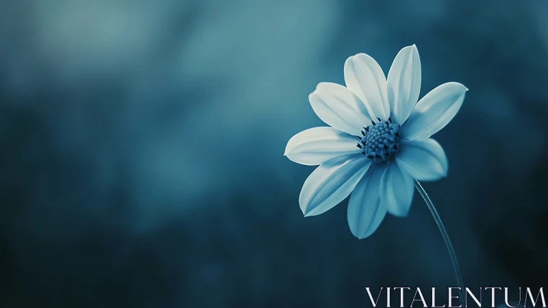 Monochromatic macro profile of single daisy bloom in cyan tones.