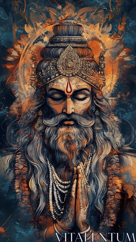 Meditative sage portrait with ornate crown and fire halo.