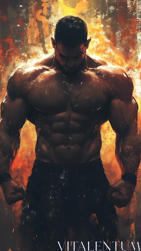 Muscular warrior silhouette against blazing abstract fire.