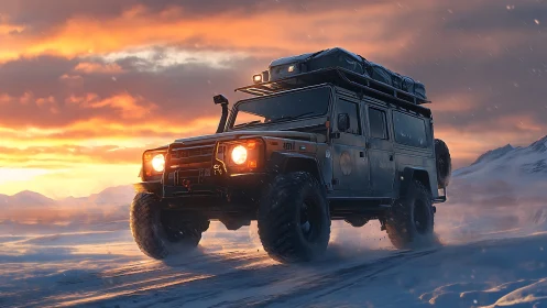Off-road expedition vehicle traverses snowy terrain at dusk