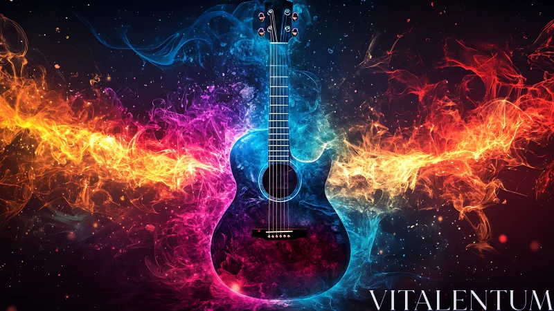 Acoustic guitar with dual colored flame patterns in void.