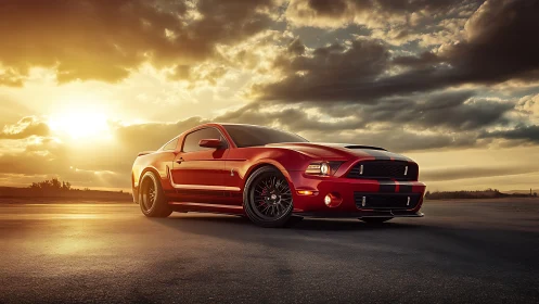 Red muscle car parked on open road at sunset scene.