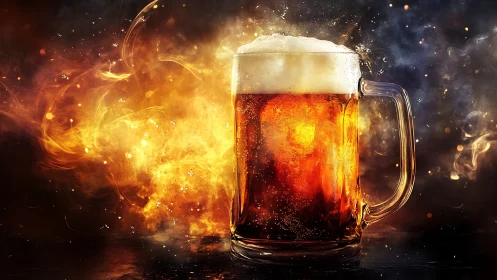 Golden Ale Mug Erupting with Fiery Cosmic Energy.