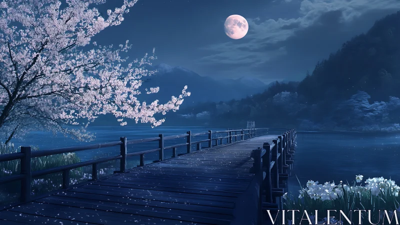 Moonlit lakeside pier framed by cherry blossom in bloom