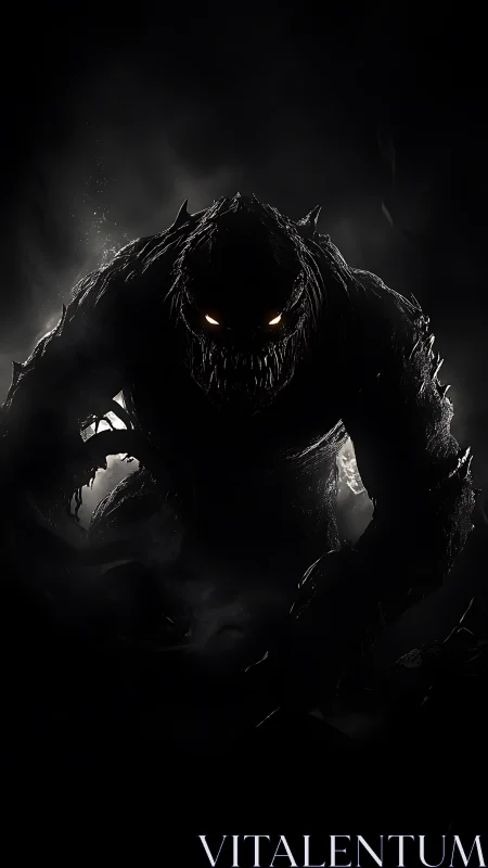 Shadowy monster emerges with glowing eyes in eerie dark mist.