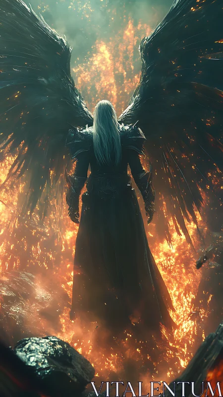 Dark winged guardian rises calmly from a river of fire