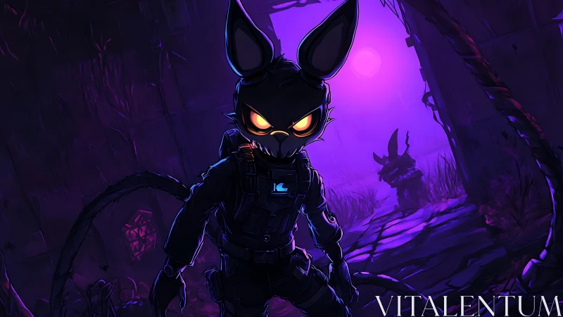 Dark cyber rabbit soldier in neon purple ruins at night.