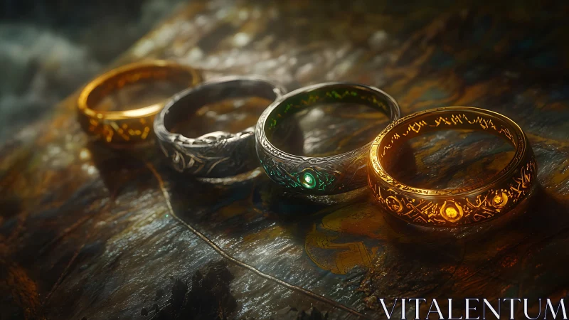 Four ornate fantasy rings aligned on textured surface.