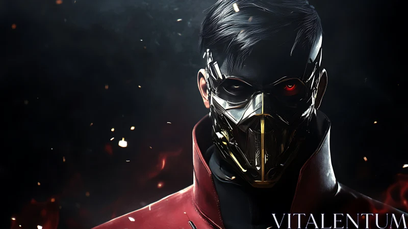 Masked cybernetic character stares forward in dark scene