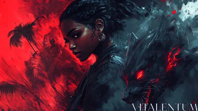 Digital painting portrait with infernal wolf and jungle backdrop.