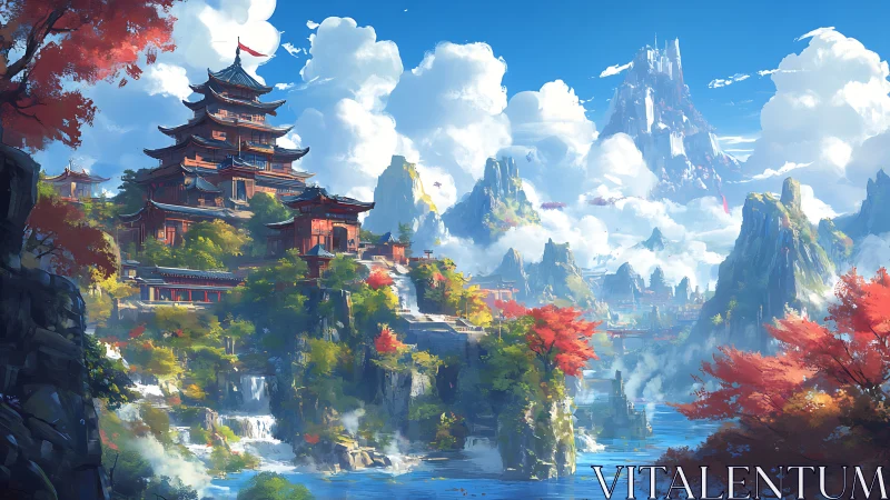 Mountain temple city wrapped in clouds and autumn color.