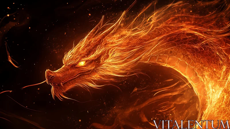 Fiery dragon head coils through glowing orange flames.