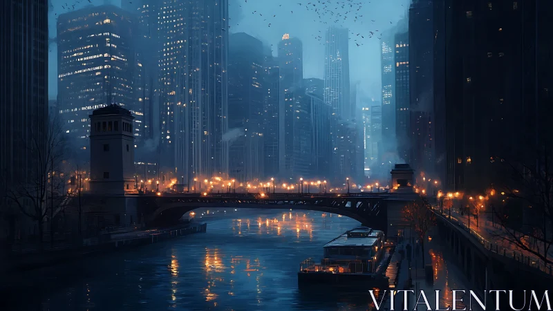 Midnight river bridge ignites a misty steel-blue skyline.