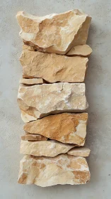 Vertical arrangement of beige rough stone slabs on wall.