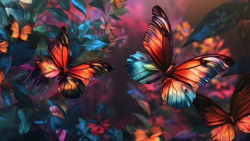 Iridescent butterflies glow over neon jungle foliage at dusk.