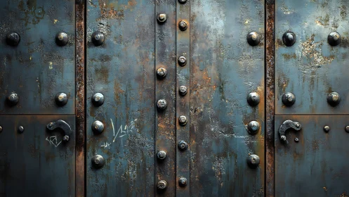 Weathered riveted metal door with rusted blue panels.